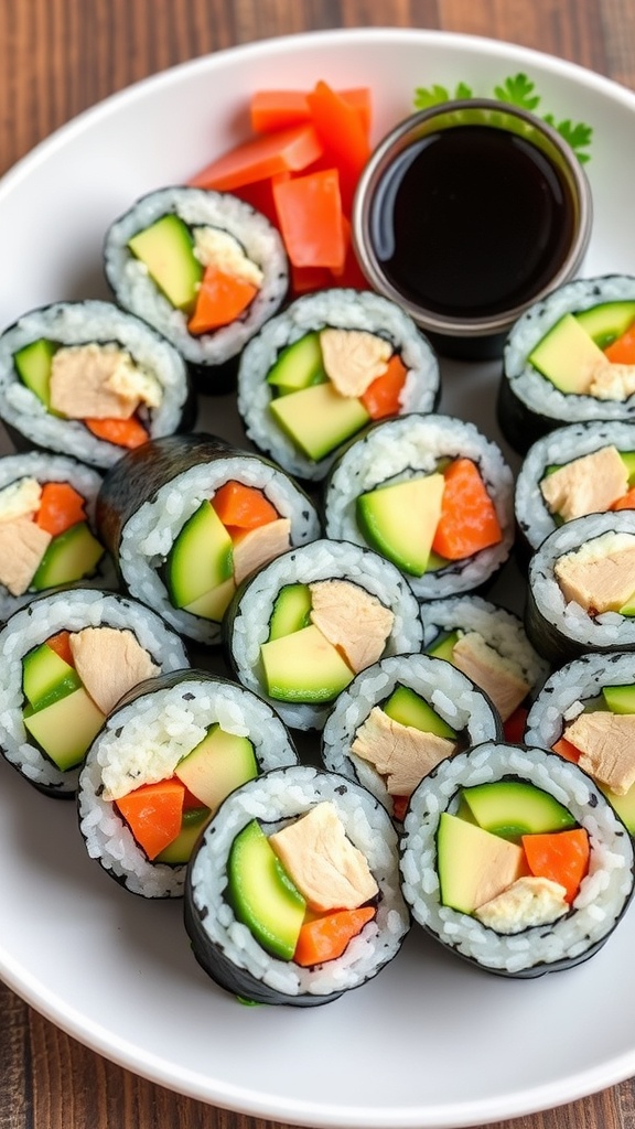 Colorful boneless sushi rolls filled with chicken, cucumber, and avocado, served with soy sauce and pickled ginger.